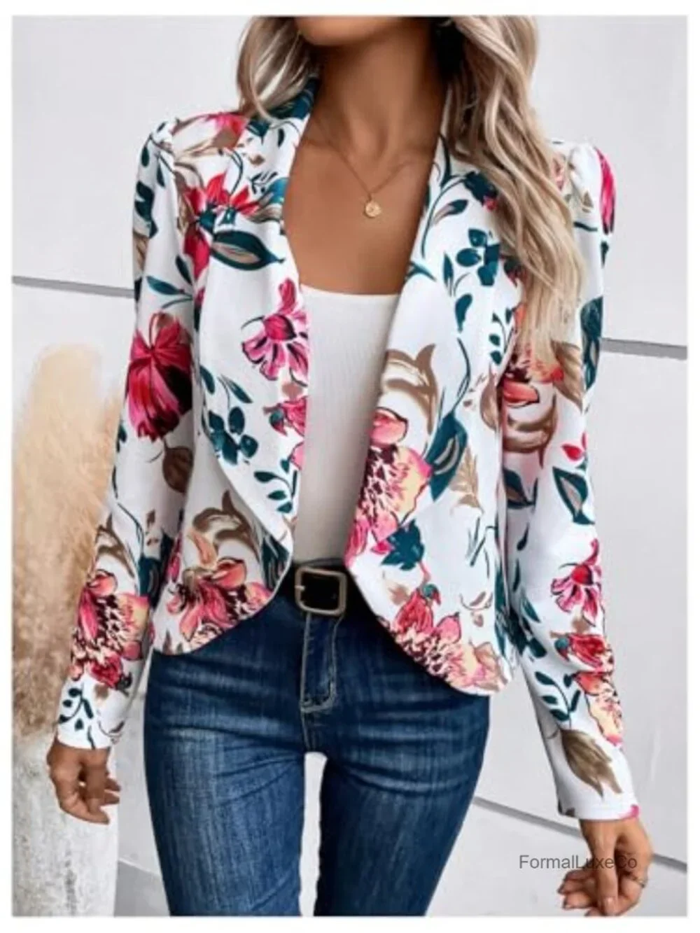 Floral Print Open Front Blazer Long Sleeve Shawl Collar Lightweight Jacket